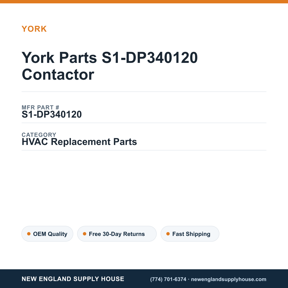 York Parts S1-DP340120 Contactor — New England Supply House spec card [NESH-SPEC-CARD-V2]