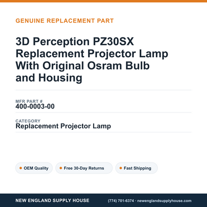 3D Perception PZ30SX Replacement Projector Lamp With Original Osram Bulb and Housing — New England Supply House spec card [NESH-SPEC-CARD-V2]