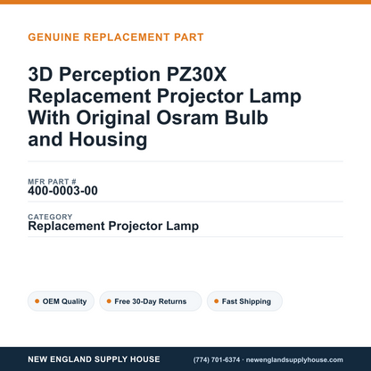 3D Perception PZ30X Replacement Projector Lamp With Original Osram Bulb and Housing — New England Supply House spec card [NESH-SPEC-CARD-V2]