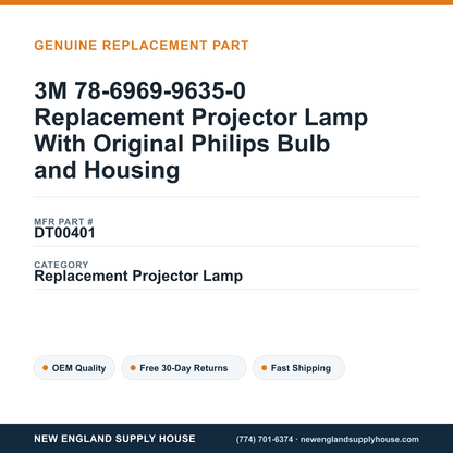 3M 78-6969-9635-0 Replacement Projector Lamp With Original Philips Bulb and Housing — New England Supply House spec card [NESH-SPEC-CARD-V2]