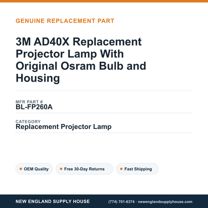 3M AD40X Replacement Projector Lamp With Original Osram Bulb and Housing — New England Supply House spec card [NESH-SPEC-CARD-V2]
