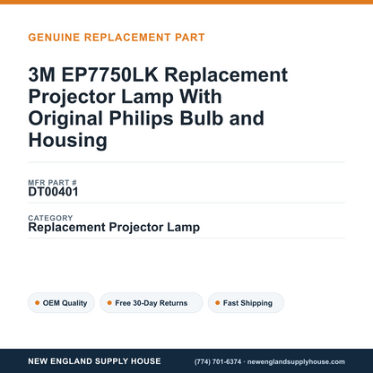 3M EP7750LK Replacement Projector Lamp With Original Philips Bulb and Housing — New England Supply House spec card [NESH-SPEC-CARD-V2]