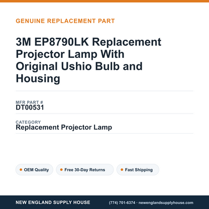 3M EP8790LK Replacement Projector Lamp With Original Ushio Bulb and Housing — New England Supply House spec card [NESH-SPEC-CARD-V2]