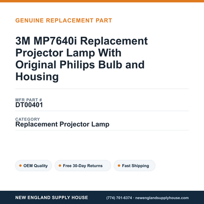 3M MP7640i Replacement Projector Lamp With Original Philips Bulb and Housing — New England Supply House spec card [NESH-SPEC-CARD-V2]