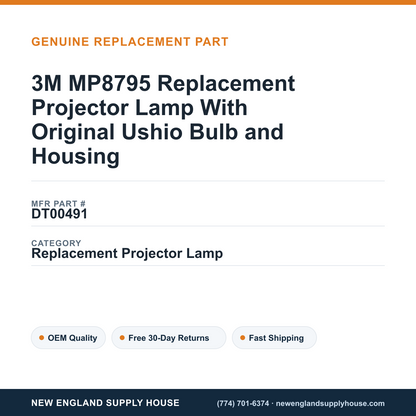 3M MP8795 Replacement Projector Lamp With Original Ushio Bulb and Housing — New England Supply House spec card [NESH-SPEC-CARD-V2]