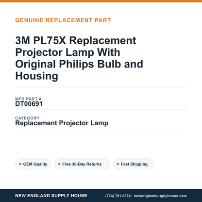 3M PL75X Replacement Projector Lamp With Original Philips Bulb and Housing — New England Supply House spec card [NESH-SPEC-CARD-V2]