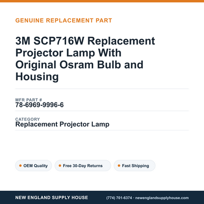 3M SCP716W Replacement Projector Lamp With Original Osram Bulb and Housing — New England Supply House spec card [NESH-SPEC-CARD-V2]