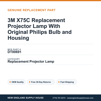 3M X75C Replacement Projector Lamp With Original Philips Bulb and Housing — New England Supply House spec card [NESH-SPEC-CARD-V2]
