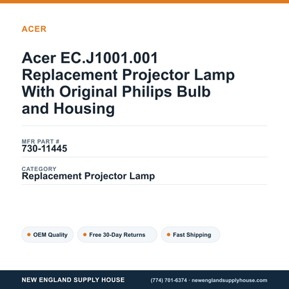 Acer EC.J1001.001 Replacement Projector Lamp With Original Philips Bulb and Housing — New England Supply House spec card [NESH-SPEC-CARD-V2]
