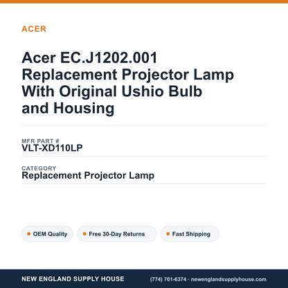 Acer EC.J1202.001 Replacement Projector Lamp With Original Ushio Bulb and Housing — New England Supply House spec card [NESH-SPEC-CARD-V2]