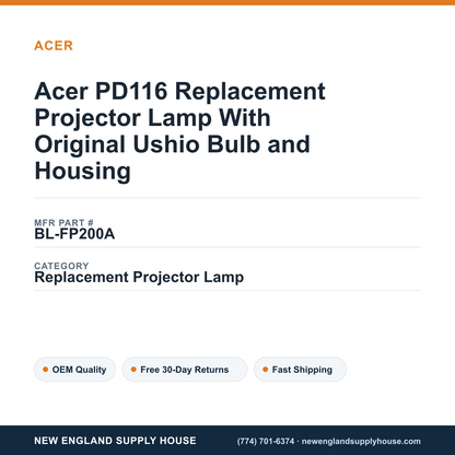 Acer PD116 Replacement Projector Lamp With Original Ushio Bulb and Housing — New England Supply House spec card [NESH-SPEC-CARD-V2]