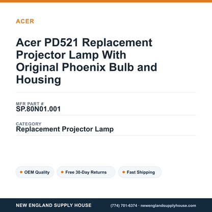 Acer PD521 Replacement Projector Lamp With Original Phoenix Bulb and Housing — New England Supply House spec card [NESH-SPEC-CARD-V2]