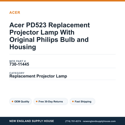 Acer PD523 Replacement Projector Lamp With Original Philips Bulb and Housing — New England Supply House spec card [NESH-SPEC-CARD-V2]