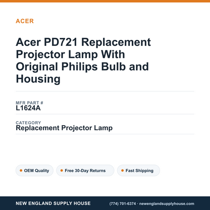 Acer PD721 Replacement Projector Lamp With Original Philips Bulb and Housing — New England Supply House spec card [NESH-SPEC-CARD-V2]