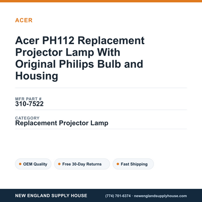 Acer PH112 Replacement Projector Lamp With Original Philips Bulb and Housing — New England Supply House spec card [NESH-SPEC-CARD-V2]