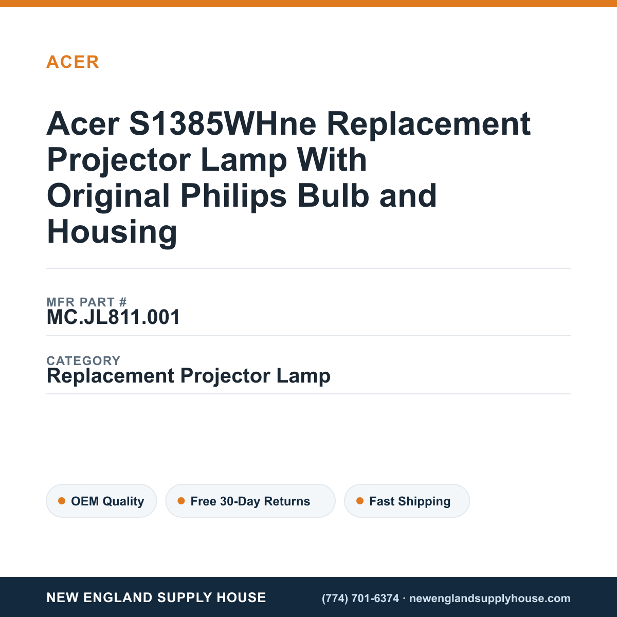 Acer S1385WHne Replacement Projector Lamp With Original Philips Bulb and Housing — New England Supply House spec card [NESH-SPEC-CARD-V2]