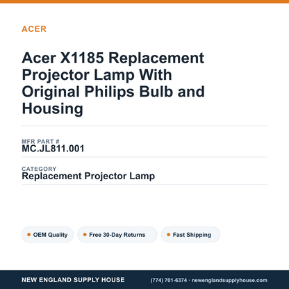 Acer X1185 Replacement Projector Lamp With Original Philips Bulb and Housing — New England Supply House spec card [NESH-SPEC-CARD-V2]