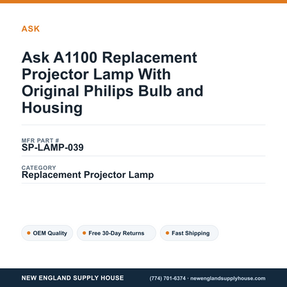 Ask A1100 Replacement Projector Lamp With Original Philips Bulb and Housing — New England Supply House spec card [NESH-SPEC-CARD-V2]