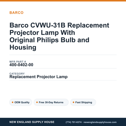 Barco CVWU-31B Replacement Projector Lamp With Original Philips Bulb and Housing — New England Supply House spec card [NESH-SPEC-CARD-V2]