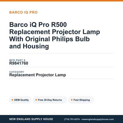 Barco iQ Pro R500 Replacement Projector Lamp With Original Philips Bulb and Housing — New England Supply House spec card [NESH-SPEC-CARD-V2]