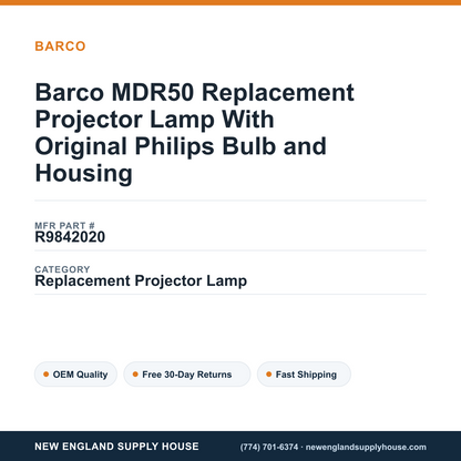 Barco MDR50 Replacement Projector Lamp With Original Philips Bulb and Housing — New England Supply House spec card [NESH-SPEC-CARD-V2]