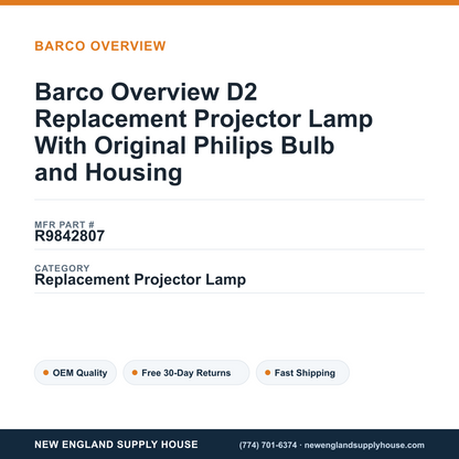 Barco Overview D2 Replacement Projector Lamp With Original Philips Bulb and Housing — New England Supply House spec card [NESH-SPEC-CARD-V2]