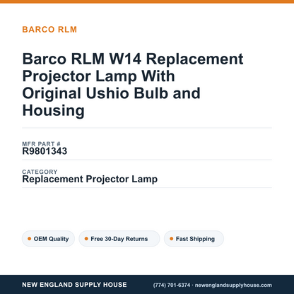 Barco RLM W14 Replacement Projector Lamp With Original Ushio Bulb and Housing — New England Supply House spec card [NESH-SPEC-CARD-V2]