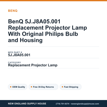 BenQ 5J.J8A05.001 Replacement Projector Lamp With Original Philips Bulb and Housing — New England Supply House spec card [NESH-SPEC-CARD-V2]