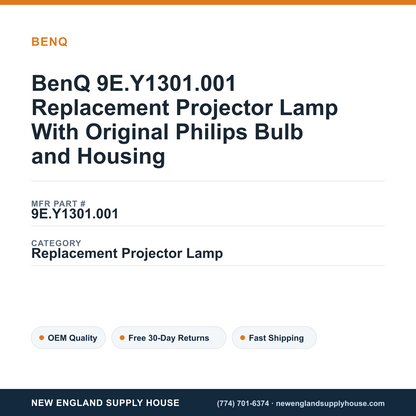 BenQ 9E.Y1301.001 Replacement Projector Lamp With Original Philips Bulb and Housing — New England Supply House spec card [NESH-SPEC-CARD-V2]