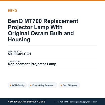 BenQ MT700 Replacement Projector Lamp With Original Osram Bulb and Housing — New England Supply House spec card [NESH-SPEC-CARD-V2]