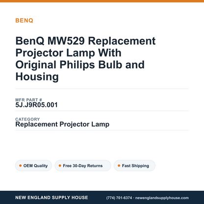 BenQ MW529 Replacement Projector Lamp With Original Philips Bulb and Housing — New England Supply House spec card [NESH-SPEC-CARD-V2]