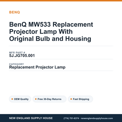 BenQ MW533 Replacement Projector Lamp With Original Bulb and Housing — New England Supply House spec card [NESH-SPEC-CARD-V2]