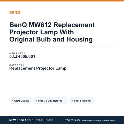 BenQ MW612 Replacement Projector Lamp With Original Bulb and Housing — New England Supply House spec card [NESH-SPEC-CARD-V2]