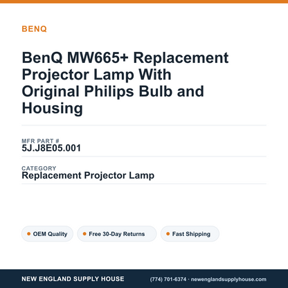 BenQ MW665+ Replacement Projector Lamp With Original Philips Bulb and Housing — New England Supply House spec card [NESH-SPEC-CARD-V2]