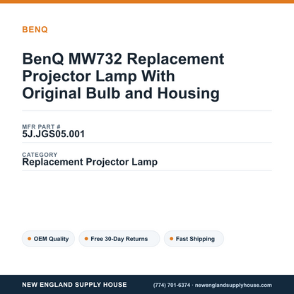 BenQ MW732 Replacement Projector Lamp With Original Bulb and Housing — New England Supply House spec card [NESH-SPEC-CARD-V2]