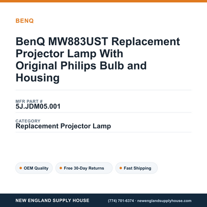 BenQ MW883UST Replacement Projector Lamp With Original Philips Bulb and Housing — New England Supply House spec card [NESH-SPEC-CARD-V2]