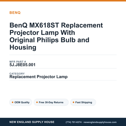 BenQ MX618ST Replacement Projector Lamp With Original Philips Bulb and Housing — New England Supply House spec card [NESH-SPEC-CARD-V2]
