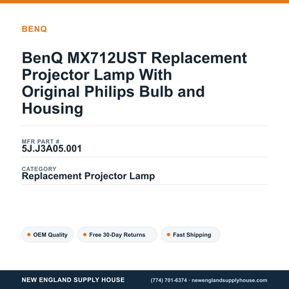 BenQ MX712UST Replacement Projector Lamp With Original Philips Bulb and Housing — New England Supply House spec card [NESH-SPEC-CARD-V2]