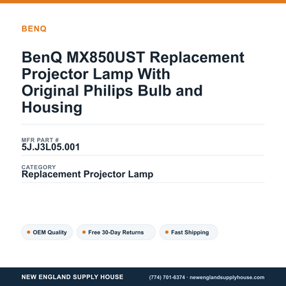 BenQ MX850UST Replacement Projector Lamp With Original Philips Bulb and Housing — New England Supply House spec card [NESH-SPEC-CARD-V2]