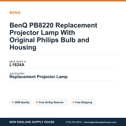 BenQ PB8220 Replacement Projector Lamp With Original Philips Bulb and Housing — New England Supply House spec card [NESH-SPEC-CARD-V2]