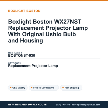 Boxlight Boston WX27NST Replacement Projector Lamp With Original Ushio Bulb and Housing — New England Supply House spec card [NESH-SPEC-CARD-V2]