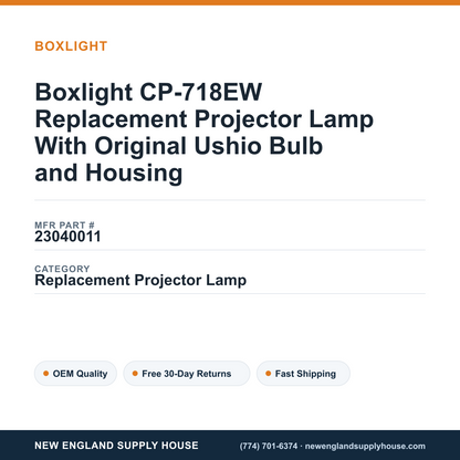 Boxlight CP-718EW Replacement Projector Lamp With Original Ushio Bulb and Housing — New England Supply House spec card [NESH-SPEC-CARD-V2]