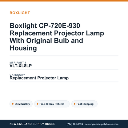 Boxlight CP-720E-930 Replacement Projector Lamp With Original Bulb and Housing — New England Supply House spec card [NESH-SPEC-CARD-V2]
