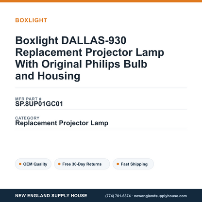 Boxlight DALLAS-930 Replacement Projector Lamp With Original Philips Bulb and Housing — New England Supply House spec card [NESH-SPEC-CARD-V2]