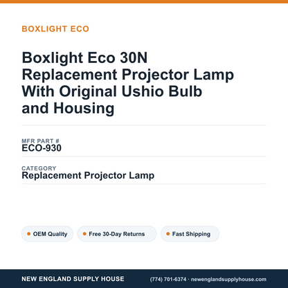Boxlight Eco 30N Replacement Projector Lamp With Original Ushio Bulb and Housing — New England Supply House spec card [NESH-SPEC-CARD-V2]