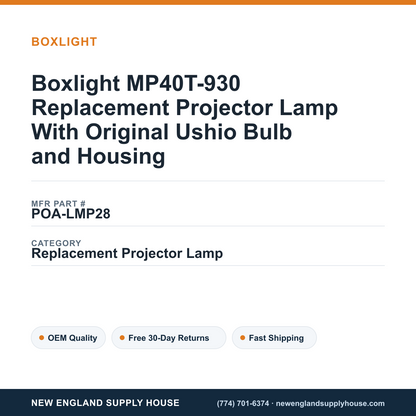 Boxlight MP40T-930 Replacement Projector Lamp With Original Ushio Bulb and Housing — New England Supply House spec card [NESH-SPEC-CARD-V2]