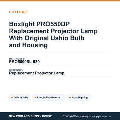 Boxlight PRO550DP Replacement Projector Lamp With Original Ushio Bulb and Housing — New England Supply House spec card [NESH-SPEC-CARD-V2]