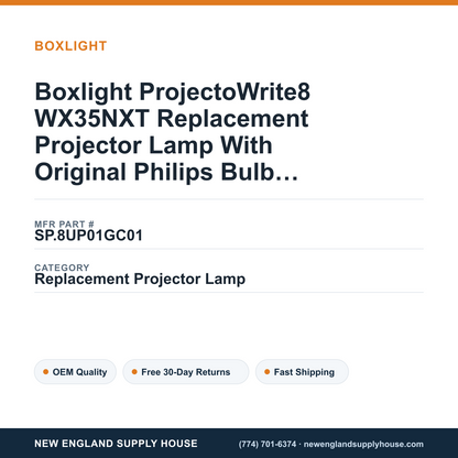 Boxlight ProjectoWrite8 WX35NXT Replacement Projector Lamp With Original Philips Bulb and Housing — New England Supply House spec card [NESH-SPEC-CARD-V2]