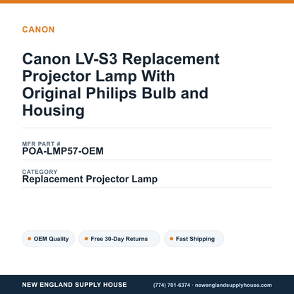 Canon LV-S3 Replacement Projector Lamp With Original Philips Bulb and Housing — New England Supply House spec card [NESH-SPEC-CARD-V2]
