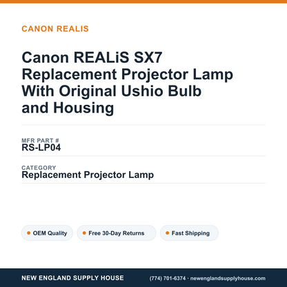 Canon REALiS SX7 Replacement Projector Lamp With Original Ushio Bulb and Housing — New England Supply House spec card [NESH-SPEC-CARD-V2]